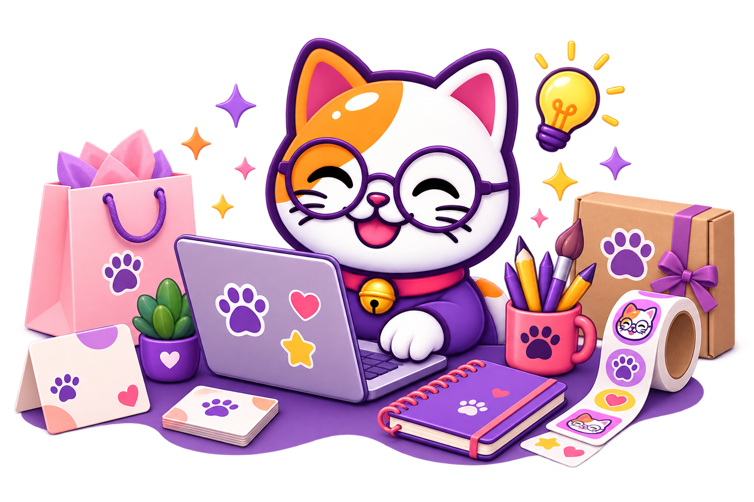 Gato Maneki creativo trabajando en su laptop rodeado de stickers y papelería personalizada